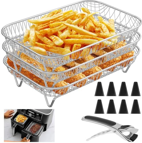 12Pcs Air Fryer Rack for Dural,3 Layer Stainless Steel Stacking Bacon Rack with 8 Silicone Feet 1 Anti-Scald Clip,Air Fryer Accessories for Baking Roasting Air Fryer Oven