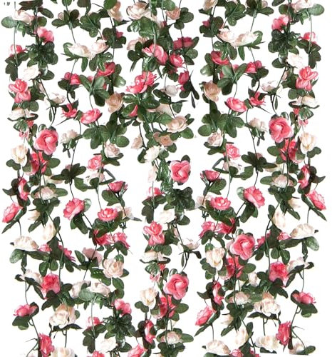6 Pack 49FT Artificial Fake Rose Garland, Artificial Flower Vine Hanging Rose Garlands for Outdoor Indoor Wedding Wall Badroom Decoration (Pink Flower)