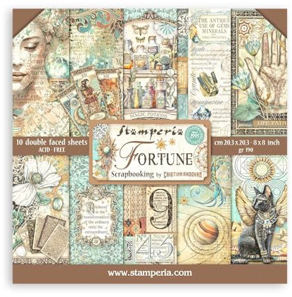 Stamperia - Scrapbook Paper Pad for Scrapbooking, Albums, Card Making, Bullet Journalling and More, Acid Free, Double-Sided, Perfect for Hobbies, Crafts, and Gifting (Fortune) (20.3 x 20.3cm)
