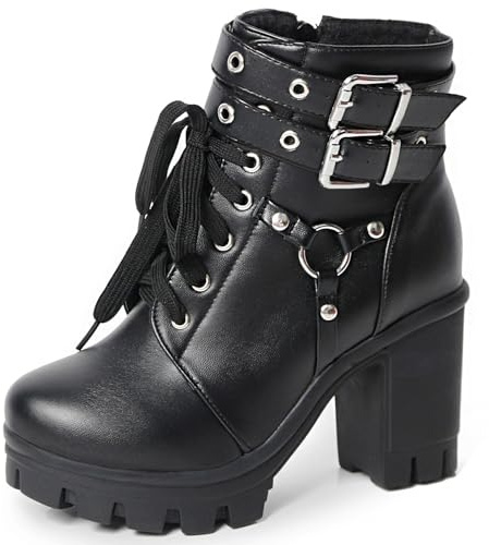 MEOTINA Goth Plateau-Stiefel für Damen, elegant, klobig, Kampfstiefel, Schnalle, Gothic-Stiefel, Reißverschluss, Nieten, Rave-Schuhe, Schwarz