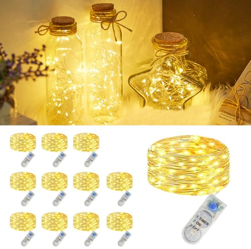 12 Stück Lichterkette Batterie Klein, 2M 20LED Mini Lichterkette mit Timer | Wasserdicht Micro Led Lichterkette Draht mit Batteriebetrieben für Weihnachten Party Hochzeit Garten Innen Deko, Warmweiß