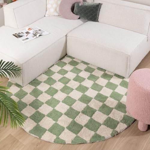 FRAAI | Home & Living Rund Retro Teppich - Gambit Grün Weiß - Ø 120 cm | Symmetrische, Blöcke - Modern, Retro - Wohnzimmer, Kinderzimmer, Schlafzimmer - Fellteppich