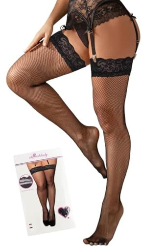 ohyeahlady Medias Sexy Mujer Rejilla Con Silicona Stockings Fishnet Fantasia Medias Autoadhesivas Talla Grande Encaje Para Liguero Altas Calcetines Elásticos Lencería de Red en Caja Negro,3XL-5XL