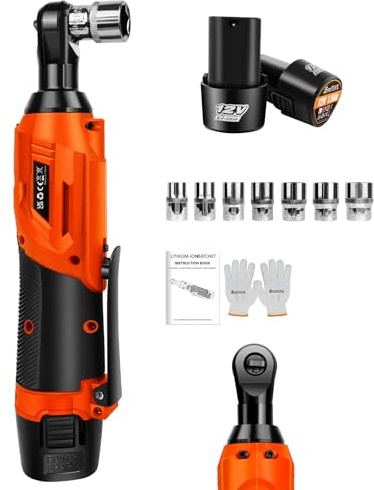 VickyHome 3/8 Cordless Ratchet Wrench, 3/8 Impact Gun 40N.m Torque Wrench 12V Socket Wrench with 230RPM, 7 Sokets, Led Light, Fast Charge, Carry Case, Orange