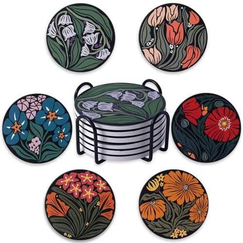 STARUBY Drink Coasters Set of 6 Ceramic Coaster Beautiful Absorbent Coaster Drink Mat with Cork Base Flower 5 Patterns Round Coaster Non Slip for Coffee,Beer,Mug,Wine Glass Bottle,Home and Bar