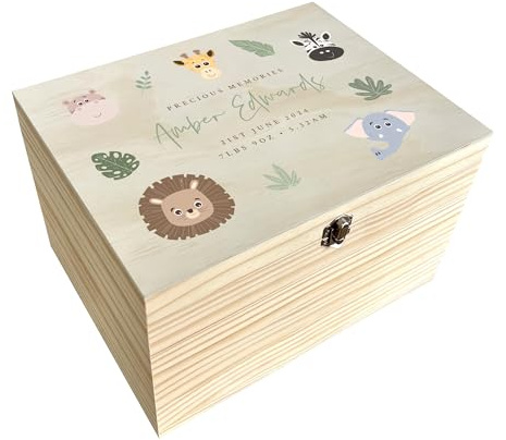 Personalisierbare Baby-Erinnerungsbox mit Dschungeltieren, Geschenkbox für Neugeborene, individueller Name und Datum, Kiefernbox mit Metallscharnieren und Verschluss, B 36 cm x T 26,9 cm x H 20 cm