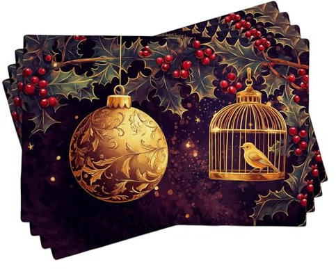 Set di 4 tovagliette natalizie con agrifoglio, decorative, dorate, per cene invernali, vacanze, lavabili, per interni ed esterni, 45 x 30 cm