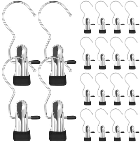 OVBOVA 20Pcs Stainless Steel Laundry Hook Clips, 360° Rotatable Clothes Pegs for Home Closet, Travel Camping, Hanging Coats Hats Towels Socks Boots (Pack of 20)