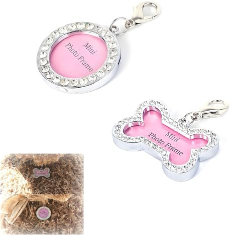 2 targhette per cane fai da te, con calligrafia e informazioni, a forma di osso rosa e rotonde
