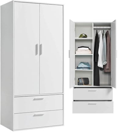 mokebo Kleiderschrank 'Der Kleiderheld' (80x180x51 cm) mit 2 Schubladen und 4 Fächern, Garderobenschrank, Flurschrank o. Schrank für Schlafzimmer oder Ankleidezimmer aus Holz in Weiß