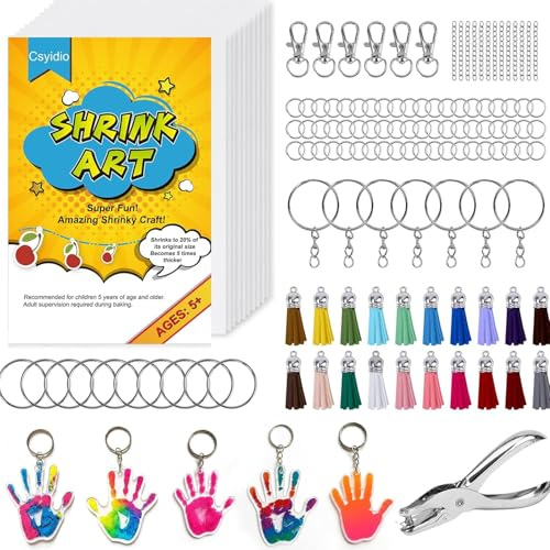 Csyidio 251 PCS Shrink Dink Keychain Kit Includes 20 Sheets Shrink Plastic Sheets, Hole Punch, Tassels, Lobster Clasps, Keychain Clip, Jump Rings, Key Ring, Great for DIY Mother's Day Crafts