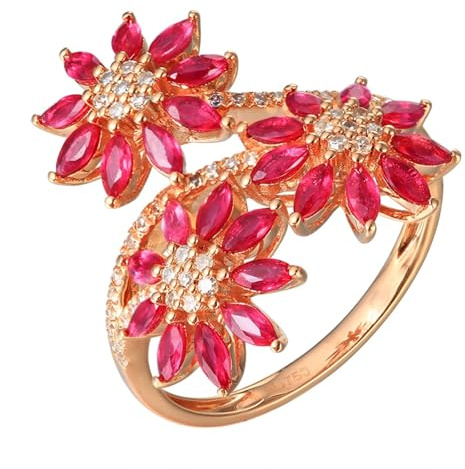 Skcess Alliances en or rose 18 carats avec rubis rouge marquise, trois fleurs avec rubis de 1,10 carats et bague diamant pour femme, 45 (14.3), Métal précieux, Rubis