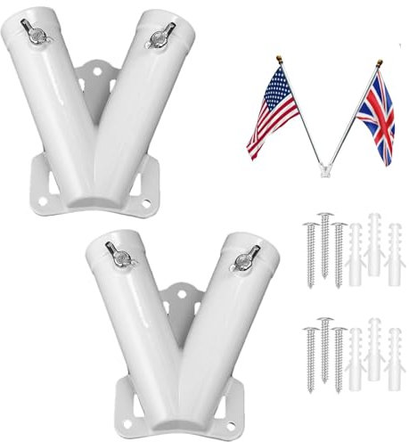 Penlimly Double Flag Pole Holder, 2 Pieces Aluminum Alloy Wall Mounted Flag Pole Bracket, Windproof Metal Flagpole Holder Bracket for Home Patio Garden Outdoor
