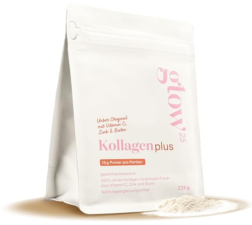 Glow25® Kollagen Plus [225g] - Collagen Hydrolysat mit Vitamin C, Zink und Biotin - Peptide Typ 1 und 3 - Gute Löslichkeit - Neutral