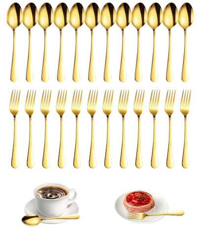 YZROHYI 24 Stück Kuchengabeln Und Kaffeelöffel Gold,Teelöffel,Dessertgabel Und Löffel Set,Spoon And Fork,Dessertlöffel Edelstahl,Kleine Löffel Und Gabel,Tafelgabeln,Kuchenbesteck für Haushalte