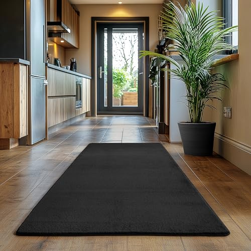 SIMPEX Läufer Teppich Schwarz 80x150 cm Waschbarer Kurzflor Teppich, rutschfest & weich, modernes einfarbiges Design für Schlafzimmer, Küche & Flur
