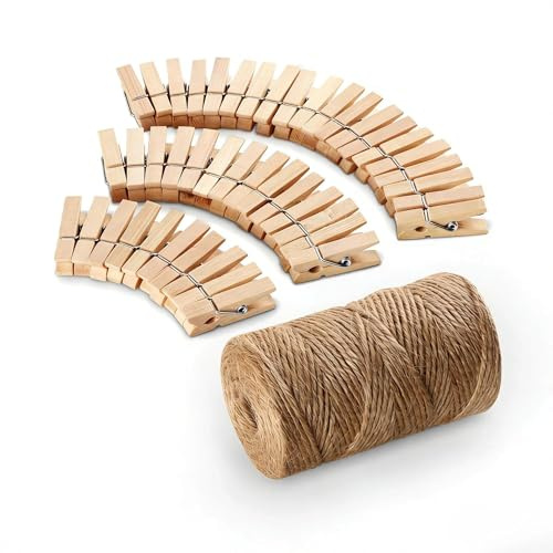 Blissiquee 100 Pcs Mini Wooden Pegs 3.5cm & 328 Feet Twine String 3-Ply, Craft Clothes Pegs Clips, String and Pegs for Photos DIY Decorative Arts & Crafts, Weddings & Events
