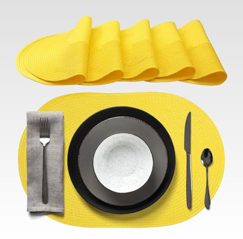 AGYO Lot de 6 Sets de Table ovales tressés 44 × 29,5 cm - Placemat en PP Jaune Soleil, antidérapant, Lavable et Enroulable - élégants pour Table, Cuisine, Jardin