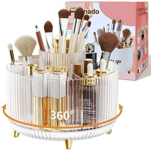fanado 360° Rotating Makeup Organiser, Makeup Brush Holder, 5 Compartment Makeup and Skincare Storage for Vanity, Desktop, Bathroom (Clear)