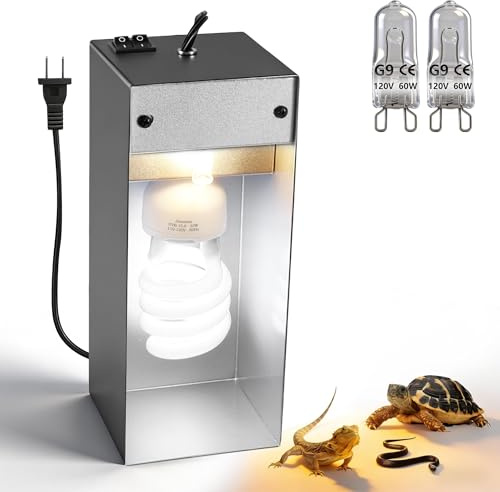 Jaenmsa Dual Reptile Heat Lamp Fixture Max 90W with Separate Switches, 23W 10.0 UVB Light & 2 Pcs 60W Halogen Heat Lamp for Reptiles, Bearded Dragon, Lizard, Turtle, Snake