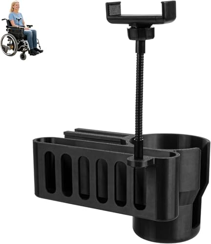 Rollstuhl-Becherhalter mit Handyhalter und Aufbewahrungskorb Kompatibel mit Permobil Elektrorollstühlen, 3-in-1 Geeignet für M300, M3, M1, F3, F5, K300 Ps Modelle