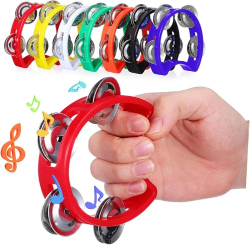 14 Confezione di tamburelli per adulti, campana a mano, strumenti musicali a percussione (7 colori) - Mini tamburello a mezza luna D portatile con campanellini in metallo