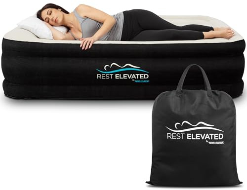 RestElevated Luxury Pillow Top Queen Size Air Mattress with Built in Pump | 20 Raised Height with Coil Beam Support | Adjustable Blow Up Air Bed | for Home, Guests and Camping [Black with Cream Top]