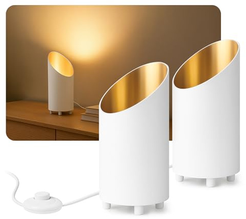 SSC-LUXon AUREVA Bodenlampe 2er Set weiß-gold 22cm GU10 Uplight | Zwei Uplight-Bodenspots für indirektes Licht - mit Fußschalter & 1,5m Kabel, für Wohn- & Schlafzimmer, für GU10 (ohne Lampe)