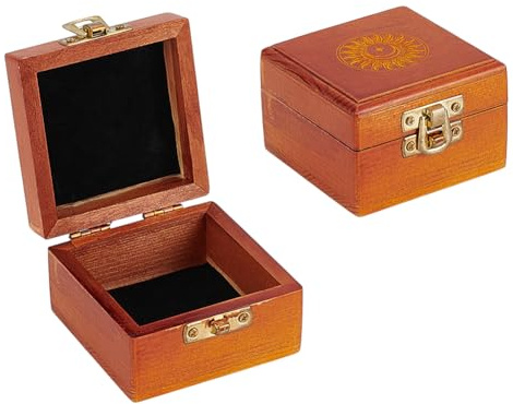 PH PandaHall Boîte en Bois de Pin Petite Boîte à Souvenirs Boîtes à Bijoux Carrées Vintage Boîtes de Rangement à Motif Soleil avec Velours pour Bijoux Bague Bracelet Collier Organisateur 8x7.6x4.9cm