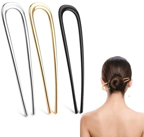 3 delar U-formade hårgafflar set – guld silver svarta metallhårnålar, 14 cm längd, klassisk bullhållare för updo frisyrer hårnål för kvinnor
