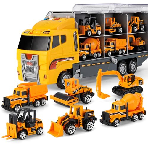 KUWUNG Construction Toys, Digger Toys, Kids' Play Vehicles, Mini Cars Model & Carrier Trucks, Toddler Toys for 4-8 Years for Boys and Girls, Die-Cast Construction Truck Playset for Birthday Gifts