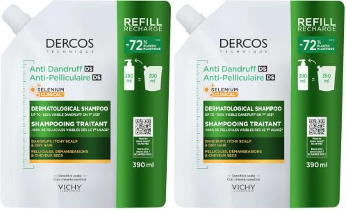 Vichy, Dercos, Shampooing Anti-Pelliculaire DS, Pellicules & Démangeaisons, Cheveux Secs, Éco-recharge, 390ml (Lot de 2)
