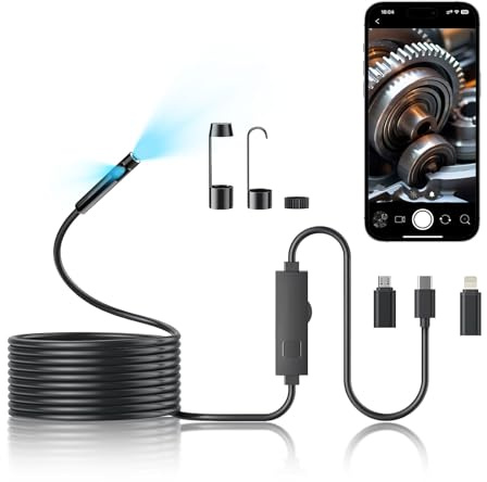 Dual-Linse Endoskopkamera 5m Halbstarr, 1920P HD Inspektionskamera mit 8 dimmbaren LEDs, 8mm Ultra-dünn IP67 wasserdicht Boroskop, Plug&Play für iOS & Android, Auto Rohr Kanal Haushalt Reparatur