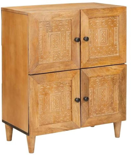 Owoxanthellate Sideboard Hellbraun aus massivem Mangoholz, 33,5 x 60 x 75 cm, modernes Kommodenschrank mit 4 Türen, robuster Kleine Kommode für Wohnzimmer Flur und Schlafzimmer