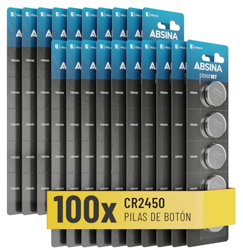 ABSINA CR2450 knappcell 100-pack – CR 2450 3V knappceller läckagesäker och med lång hållbarhet – CR 2450-batterier, knappceller CR2450, batteri 2450, batterier 2450 knappcell storpack