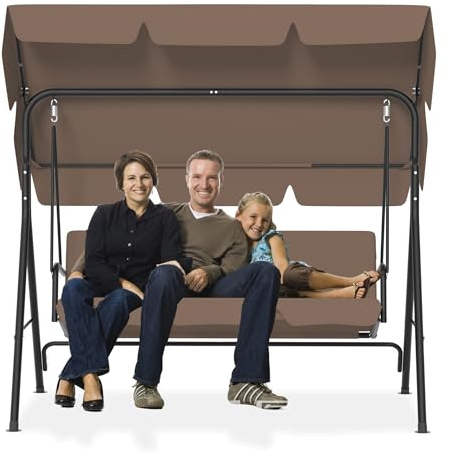 PEILU 176 x 110 x 152 cm hollywoodgungor med soltak och sittdyna och stålram, 3-sitsig trädgårdsgungbänk som varar upp till 200 kg, gungbänk, trädgårdsfåtölj för utomhus och inomhus (brun)