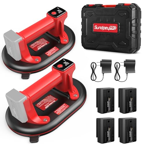SundpeyPRO 2-PCS Electric Glass Suction Cups 300KG Heavy Duty Vacuum Lifter | 4x3.0Ah Batteries & 2 Chargers & Carrying Case, Digital Display, 260KG Pressure Holding Value, for Tile Glass Granite Marble