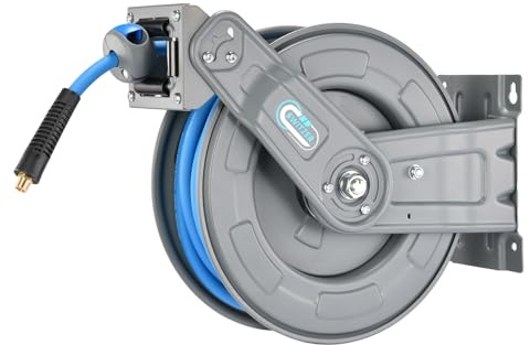 SwitZer Heavy Duty Retractable Air Hose Reel 3/8 Inch x 65' Feet 20M Hybrid Polymer Hose, Wall Mounted Double Arm Steel Construction, Max. 300 PSI for Garage Workshop Air Tools