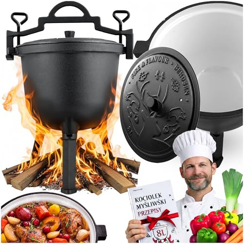Berdsen Marmite en fonte de 8 l - Faitout émaillé pour feu de camp et barbecue - Cuisson uniforme sans adhérence - Avec 3 pieds et crochet de suspension - Avec livre de recettes - Noir