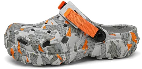 ihinzry Men's Garden Clogs Graphic Mules Clog Lightweight Breathable Soft Rubber Shoes Slip On Water Beach Pool Sandals for Men Outdoor Slippers with Adjustable Strap Grey & Orange 49