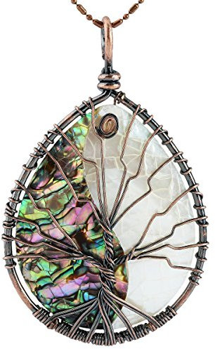 mookaitedecor Coquille Ormeau Collier Pendentif Pierre Naturelle Lithothérapie Arbre de Vie Pendentif Goutte avec Chaîne