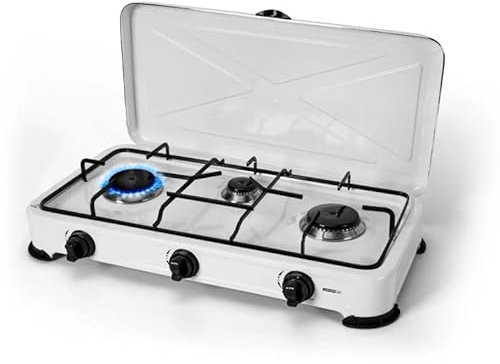 CUCINA A GAS GPL 3 FUOCHI FORNELLO CAMPEGGIO PORTATILE CON COPERCHIO CUCININO