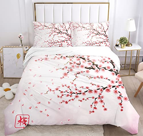 LXTOPN Ropa de Cama con Flores de Cerezo, 3 Piezas, Estilo Japonés Romántico, 200 x 200 cm, Funda de Edredón y 2 Funda de Almohada, Microfibra Transpirable y Suave, Lavable en Máquina