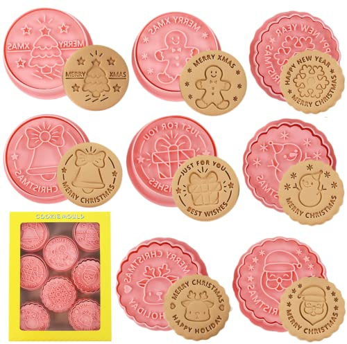 Juego de cortadores de galletas de Navidad, 8 sellos de plástico 3D para galletas de Papá Noel, árbol de Navidad, cortador de muñeco de jengibre, cortador de muñeco de nieve, cortador de galletas