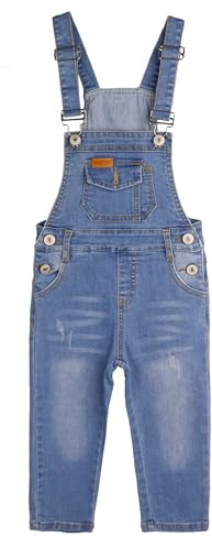 KIDSCOOL SPACE Jeans Slim Fit per Neonati, Salopette Strappata per Neonati con Tasca alla Moda in Denim, Azzurro, 2-3 Anni