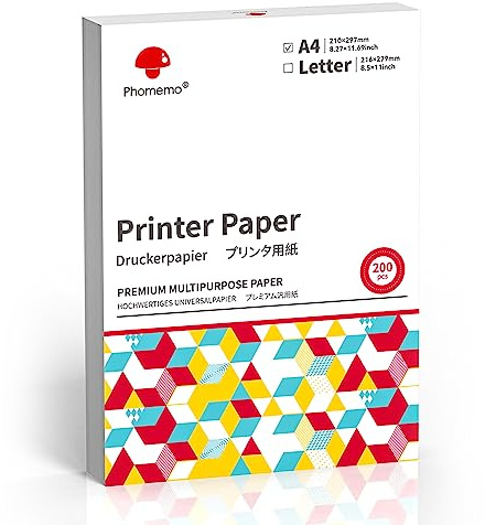 Phomemo A4 Druckerpapier, Nicht-thermisches Papier, Hochwertiges Universalpapier Kompatibel mit Phomemo P831 und Andere Gllgemeine Drucker, 210x297 mm, 200 Blatt