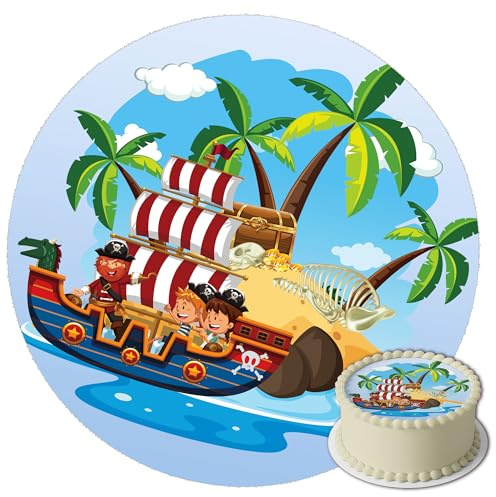 J&M DECO Tortenaufleger Pirat – essbare Tortendeko Ø 20 cm – Kuchenaufleger für Piraten Kindergeburtstag – Tortenbild auf Zuckerpapier – gebrauchsfertig – Made in EU