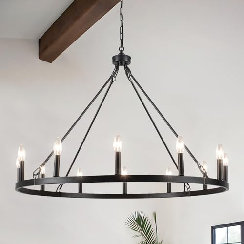 Wagon Wheel Chandelier 12 Lights 38 Large Black Farmhouse Chandelier for Dining Room Chandelier Rustic Country Pendant Light Fixtures Round Chandeliers for Living Room Outdoor High Ceilings Foyer