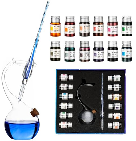 AOKUY Juego de plumas de cristal para caligrafía, 12 tintas de colores, juegos de caligrafía para arte, escritura, firma, decoración, regalo (juego de 12 azules lavados)