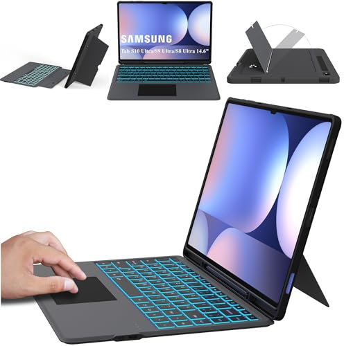 ROOFEI Galaxy Tab S10/S9/S8 Ultra Hülle mit QWERTZ Tastatur - Abnehmbare Bluetooth Tastatur mit Touchpad und 7-Farbiger Beleuchtung für 14,6 Samsung Tab S10/S9/S8 Ultra